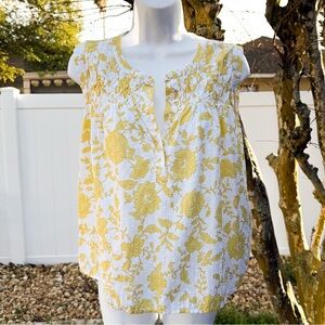 LOFT Yellow Floral Sleeveless Blouse Small White Cotton Split Neck
